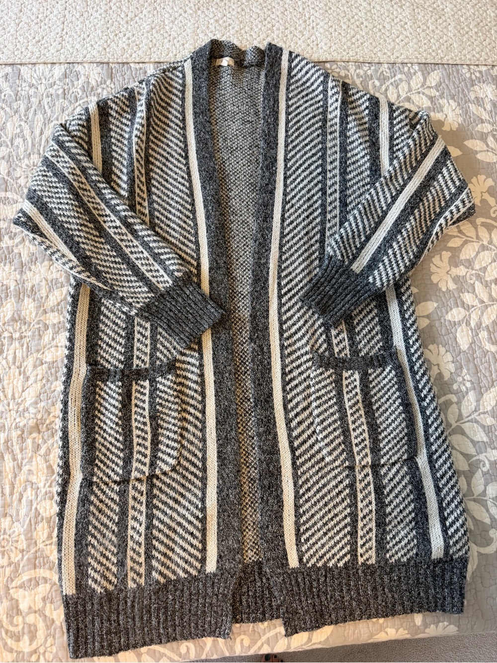 debut Gray and Cream Striped Open-Front Cardigan